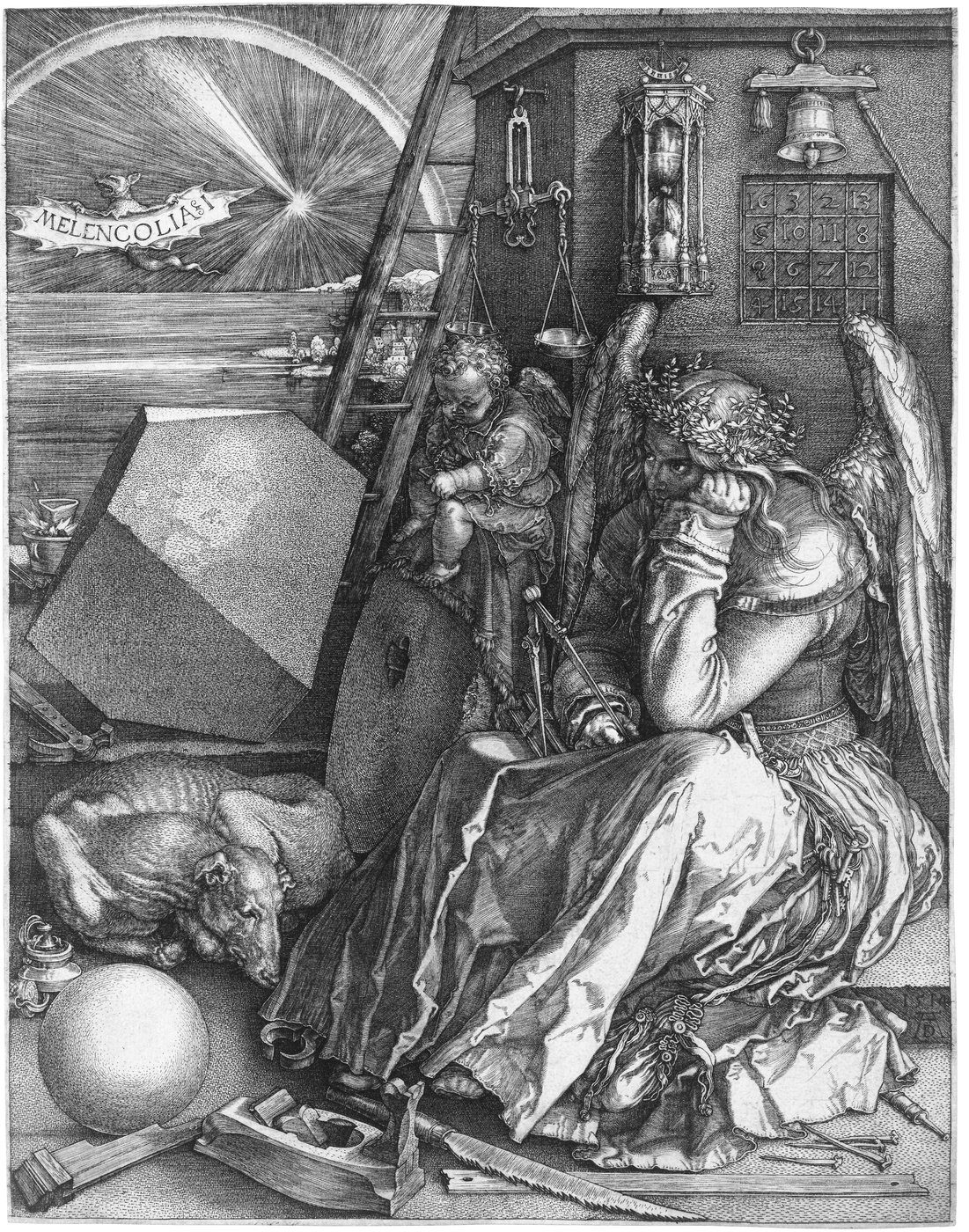 Albrecht Dürer, Melancholia I (1514, miedzioryt) — skrzydlata alegoria intelektu wśród symboli (klepsydra, magiczny kwadrat, wielościan); melancholia jako temperament geniusza · źródło: Wikimedia Commons, domena publiczna
