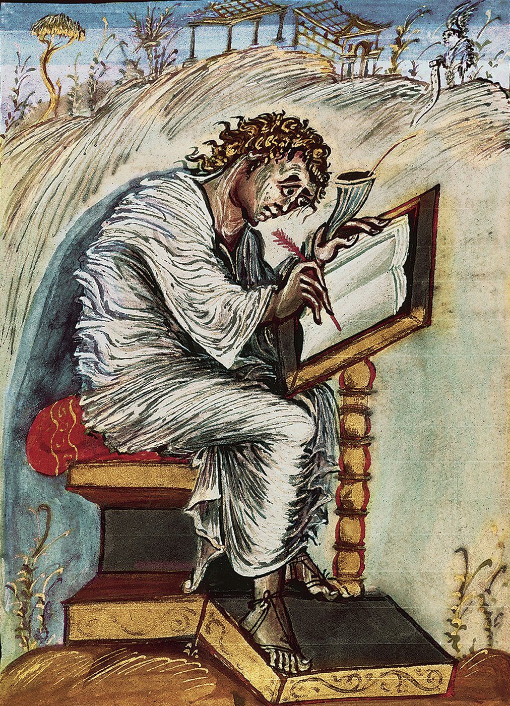 Św. Mateusz z Ewangeliarza Ebona (ok. 816–835, Reims) — postać drgająca ekspresją i ruchem, przeciwieństwo hieratycznego spokoju ikon · źródło: Bibliothèque municipale d'Épernay, Wikimedia Commons, domena publiczna