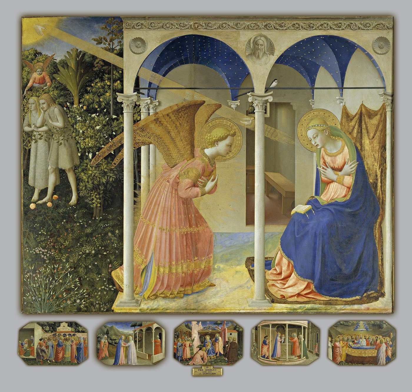 Fra Angelico, Zwiastowanie (ok. 1426, Prado) — Gabriel (ręce skrzyżowane na piersi) i Maria pod arkadami loggi; po lewej, w ogrodzie, Wygnanie z Raju (Ewa–Maria). Materiał do analizy trzech poziomów Panofsky'ego · źródło: Wikimedia Commons, domena publiczna