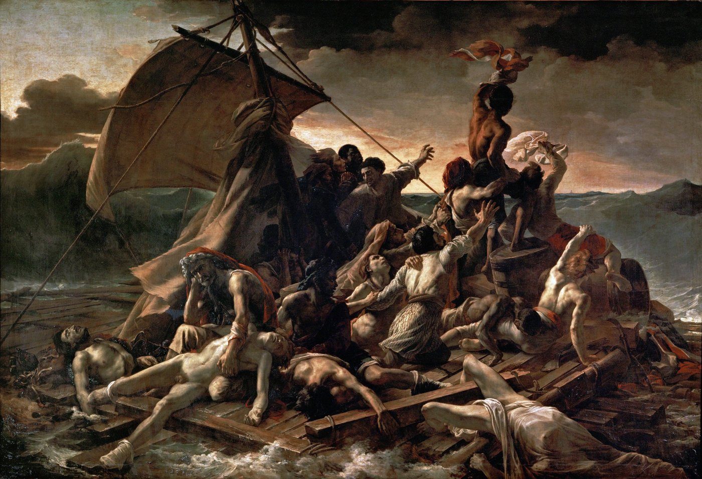 Géricault, Tratwa Meduzy (1819, Luwr) — realna katastrofa morska; diagonalna piramida od śmierci (dół-lewo) ku nadziei (góra-prawo) · źródło: Wikimedia Commons, domena publiczna
