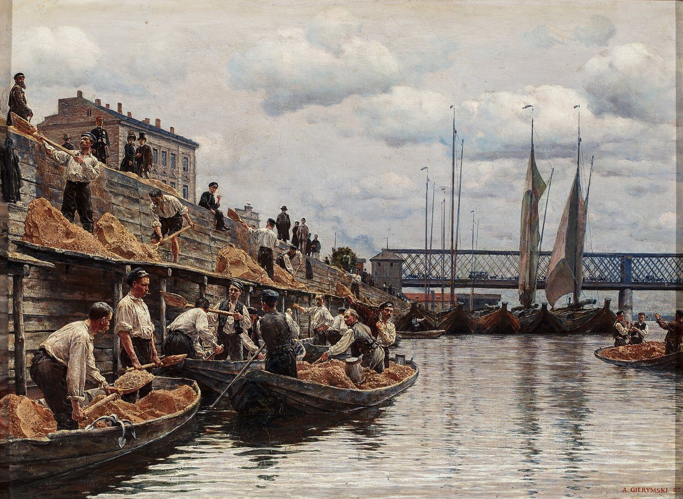 Aleksander Gierymski, Piaskarze (ok. 1887, Muzeum Narodowe w Warszawie) — robotnicy nad Wisłą; trud i bieda malowane z impresjonistyczną precyzją refleksów na wodzie · źródło: Aleksander Gierymski, Wikimedia Commons, domena publiczna
