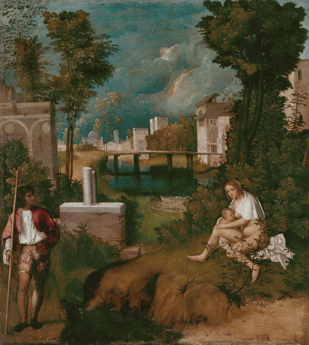 Giorgione, Burza (ok. 1506–1508, Gallerie dell'Accademia, Wenecja) — po lewej mężczyzna z drzewcem, po prawej kobieta karmiąca dziecko, w głębi miasto i niebo przecięte błyskawicą · źródło: Wikimedia Commons, domena publiczna