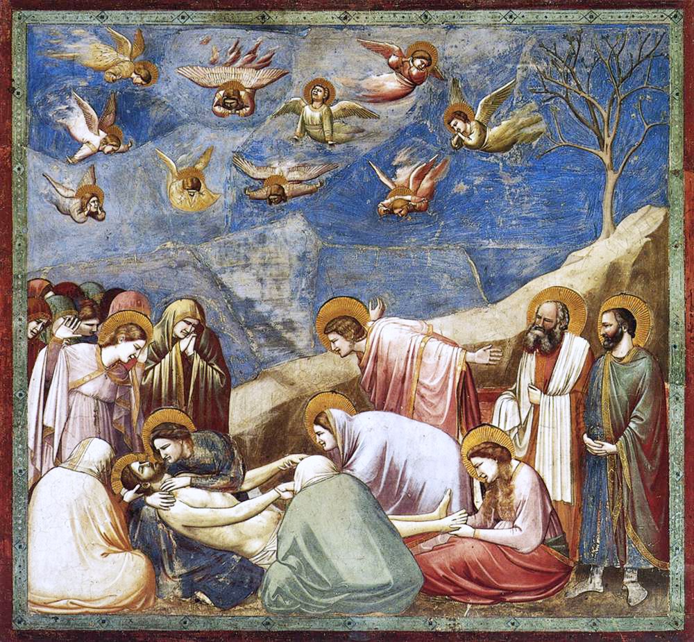 Giotto, Opłakiwanie (ok. 1305, Kaplica Scrovegnich) — centrum przesunięte w dół i w lewo, gesty rozpaczy aniołów, suche drzewo; świadoma kompozycja dramatyczna · źródło: Wikimedia Commons, domena publiczna