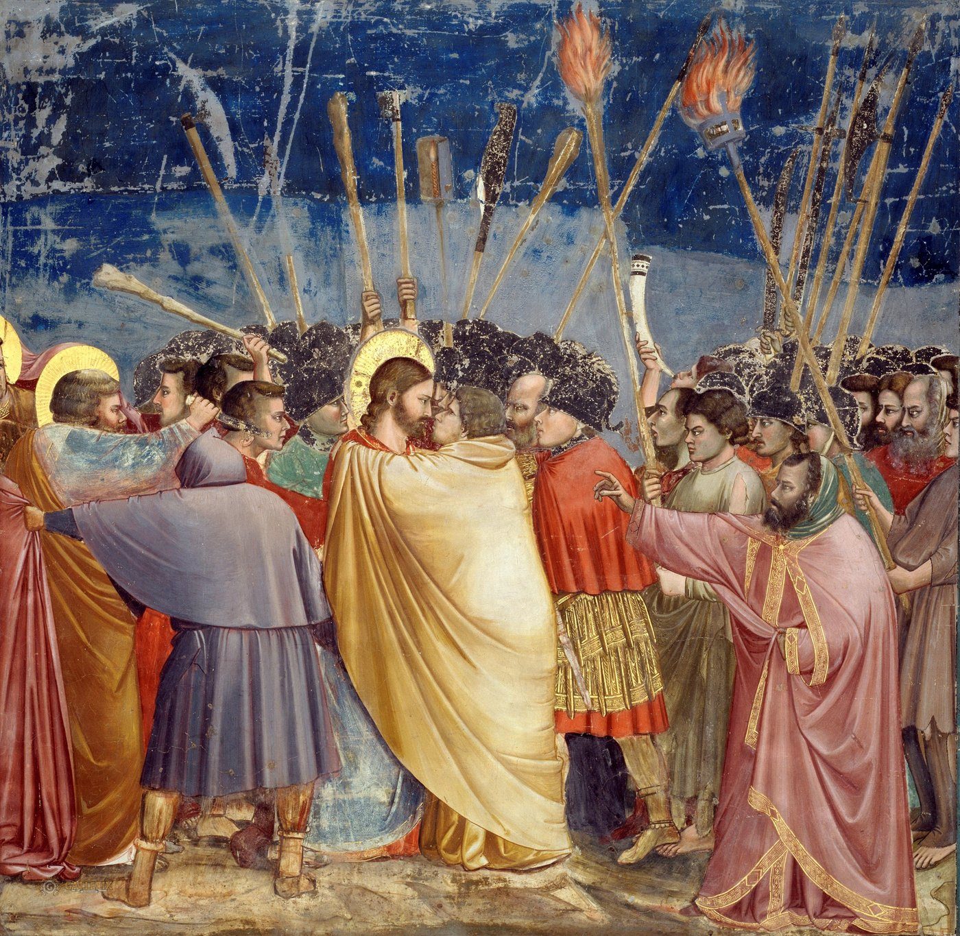 Giotto, Pocałunek Judasza (ok. 1304–1306), fresco buono z Kaplicy Scrovegnich w Padwie — pigmenty wtopione w mokry tynk, czytelne i żywe po 700 latach · źródło: Wikimedia Commons, domena publiczna