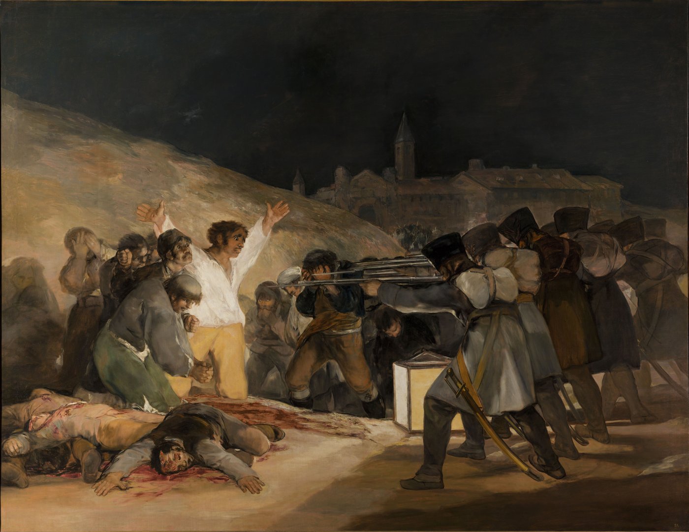 Goya, Rozstrzelanie powstańców madryckich 3 maja 1808 (1814, Prado) — ofiara z rozłożonymi rękami (poza ukrzyżowania) wobec bezimiennej maszyny katów; okrucieństwo bez heroizmu · źródło: Wikimedia Commons, domena publiczna
