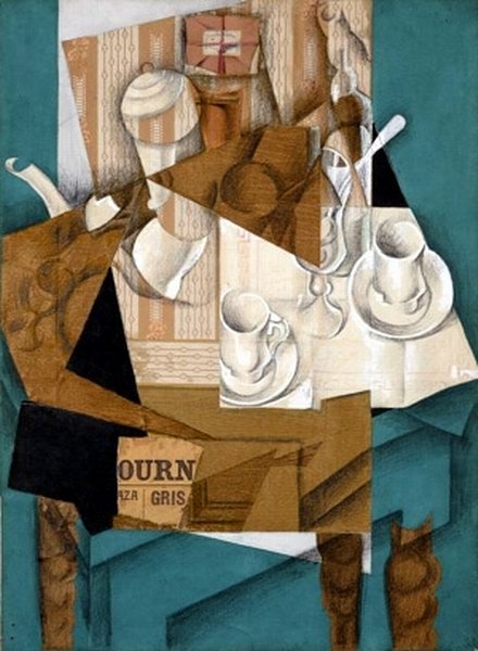 Juan Gris, Śniadanie (1914, MoMA) — kubizm syntetyczny: płaskie, dekoracyjne formy i papier collé, klarowne kształty · źródło: Juan Gris, Wikimedia Commons, domena publiczna