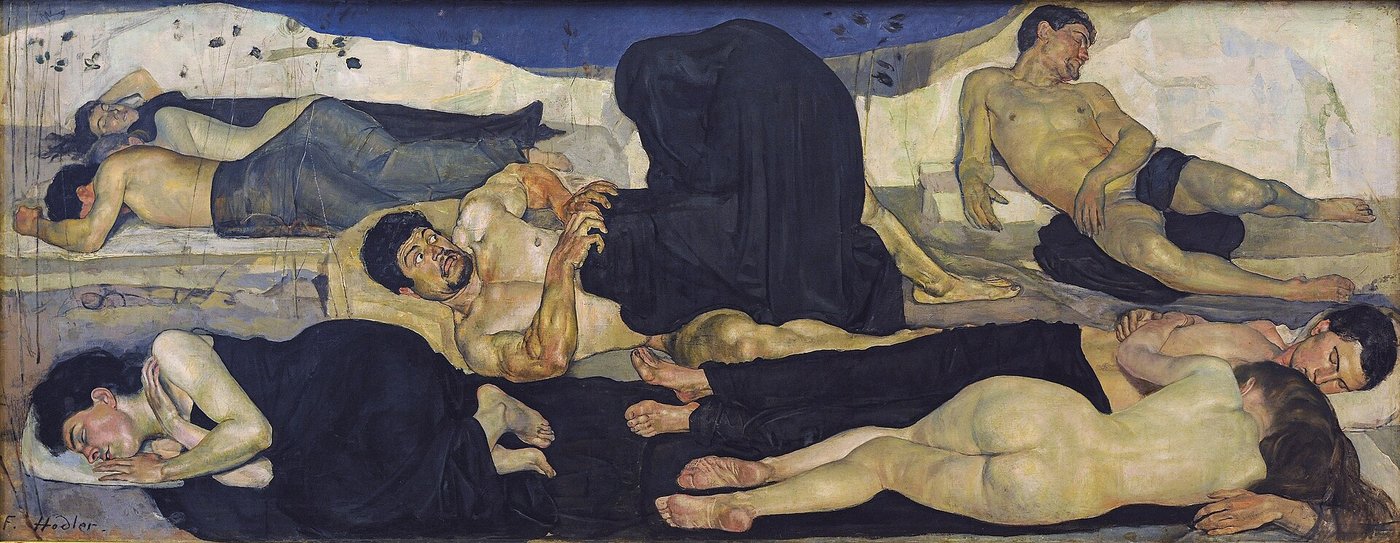 Ferdinand Hodler, Noc (1889–90, Kunstmuseum Bern) — rzędy śpiących postaci, jedna z czarnym monstrum śmierci na piersi; geometryczny rytm między symbolizmem a abstrakcją · źródło: Ferdinand Hodler, Wikimedia Commons, domena publiczna