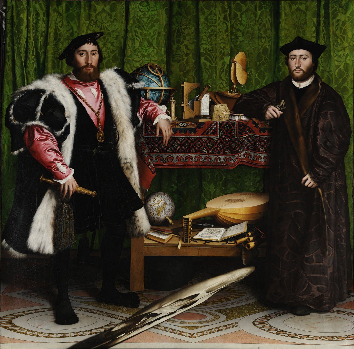 Hans Holbein, Ambasadorowie (1533, National Gallery, Londyn) — dwaj dyplomaci wśród instrumentów wiedzy; u dołu anamorficzna czaszka (memento mori) czytelna tylko z boku · źródło: Wikimedia Commons, domena publiczna