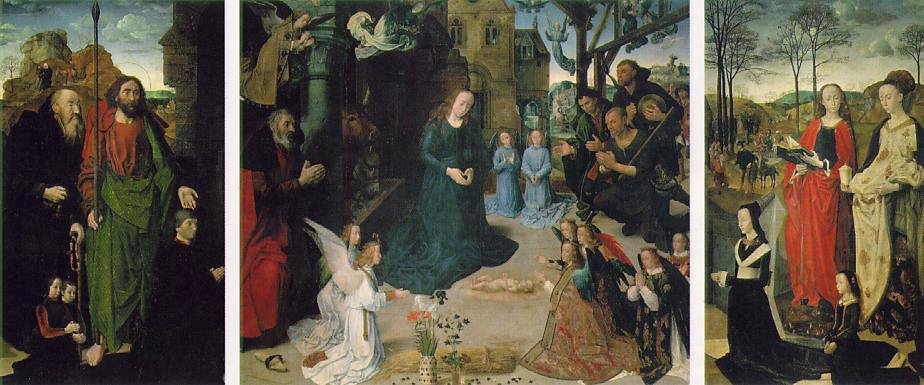 Hugo van der Goes, Tryptyk Portinarich (ok. 1475–80, Uffizi) — Adoracja Dzieciątka; fundatorzy z rodzinami na skrzydłach, pomniejszeni wobec świętych. Dzieło studiowane przez malarzy florenckiego renesansu · źródło: Wikimedia Commons, domena publiczna