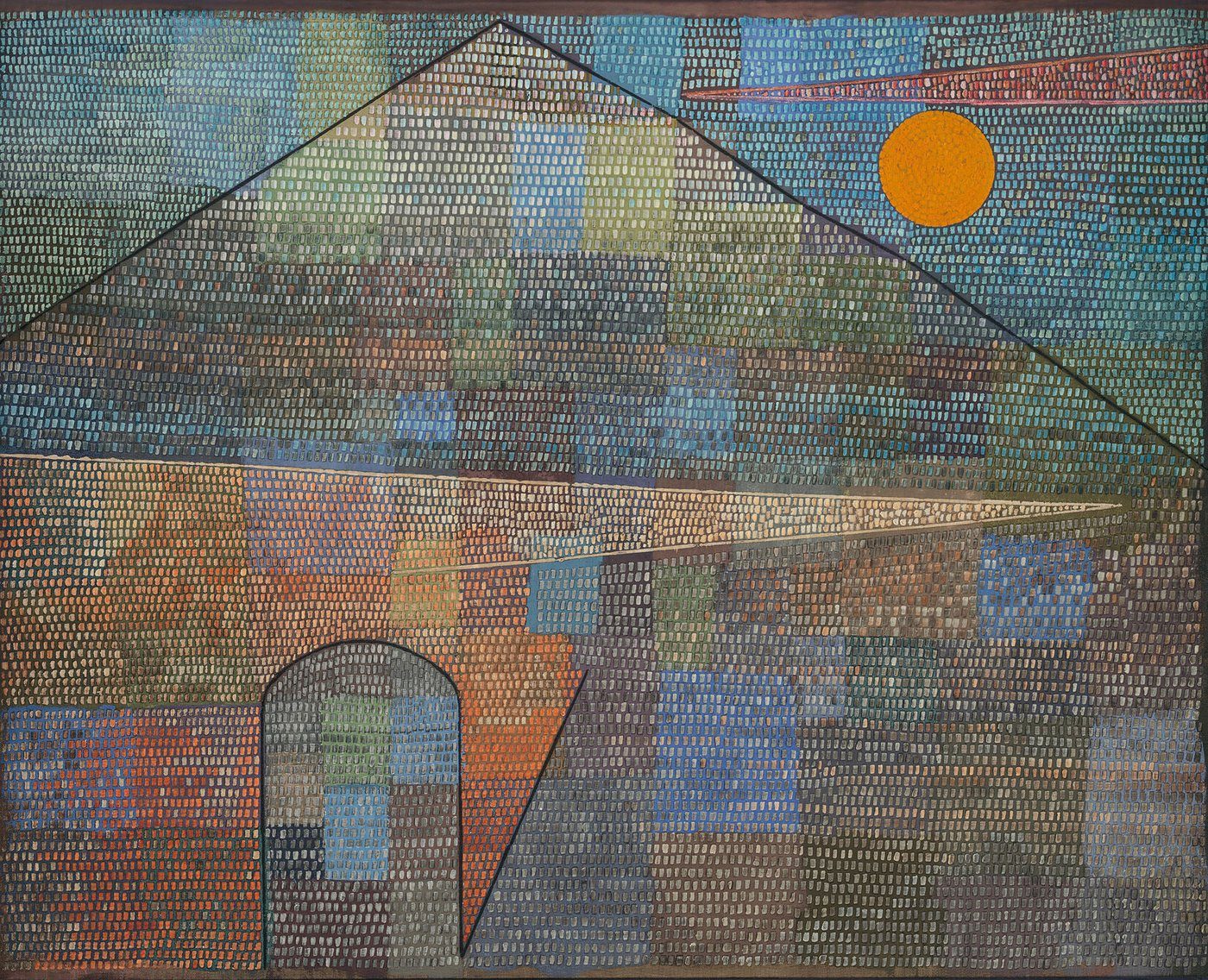 Paul Klee, Ad Parnassum (1932, Kunstmuseum Bern) — pointylistyczna mozaika barwnych pól; sztuka nie naśladuje przyrody, lecz działa jak ona · źródło: Paul Klee, Wikimedia Commons, domena publiczna