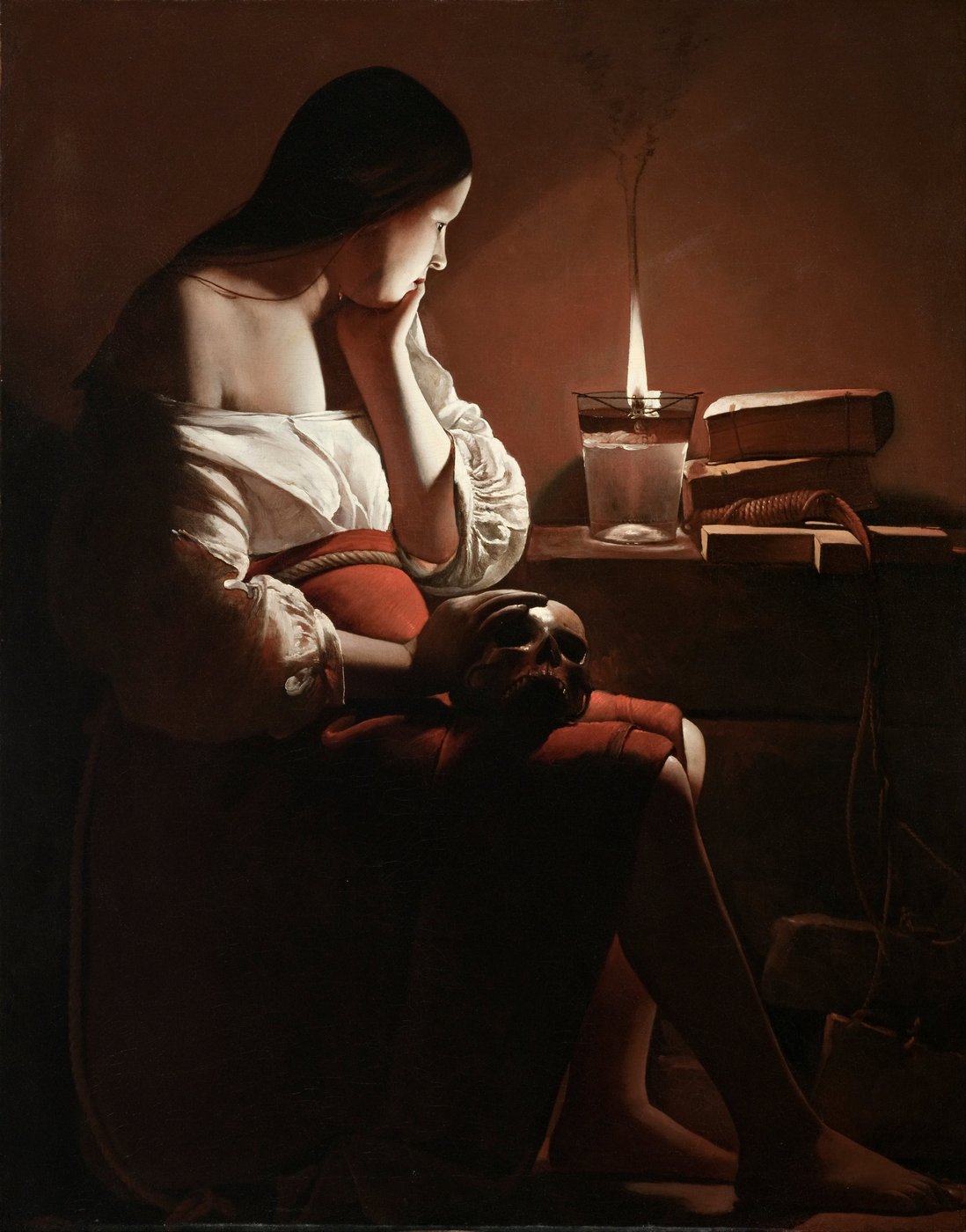 Georges de La Tour, Pokutująca Magdalena (ok. 1640) — scena oświetlona jedynie świecą; tenebryzm kontemplacyjny, niemal mistyczny · źródło: Wikimedia Commons, domena publiczna