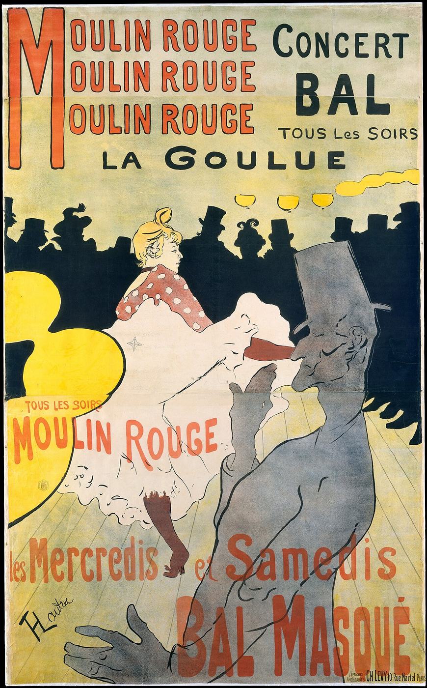 Henri de Toulouse-Lautrec, Moulin Rouge — La Goulue (1891), litografia barwna — pośrodku tańczy La Goulue, której spódnicę tworzy niezadrukowany papier; widzowie to czarne, płaskie sylwetki, na pierwszym planie szary profil tancerza · źródło: The Metropolitan Museum of Art, Wikimedia Commons, CC0