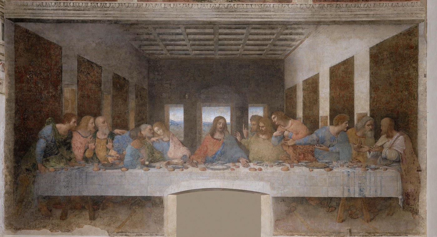 Leonardo, Ostatnia Wieczerza (1494–98, Mediolan) — moment „jeden z was mnie zdradzi"; punkt zbiegu za głową Chrystusa. Technika a secco sprawiła, że malowidło zaczęło się łuszczyć · źródło: Wikimedia Commons, domena publiczna