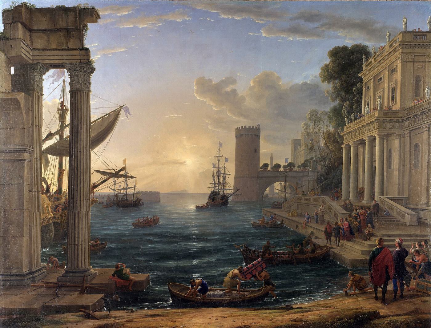 Claude Lorrain, Port z zaokrętowaniem królowej Saby (1648, National Gallery, Londyn) — marmurowe schody, antyczne budowle i statki, pośrodku słońce nisko nad morzem; drobne postacie są sztafażem · źródło: Web Gallery of Art, Wikimedia Commons, domena publiczna