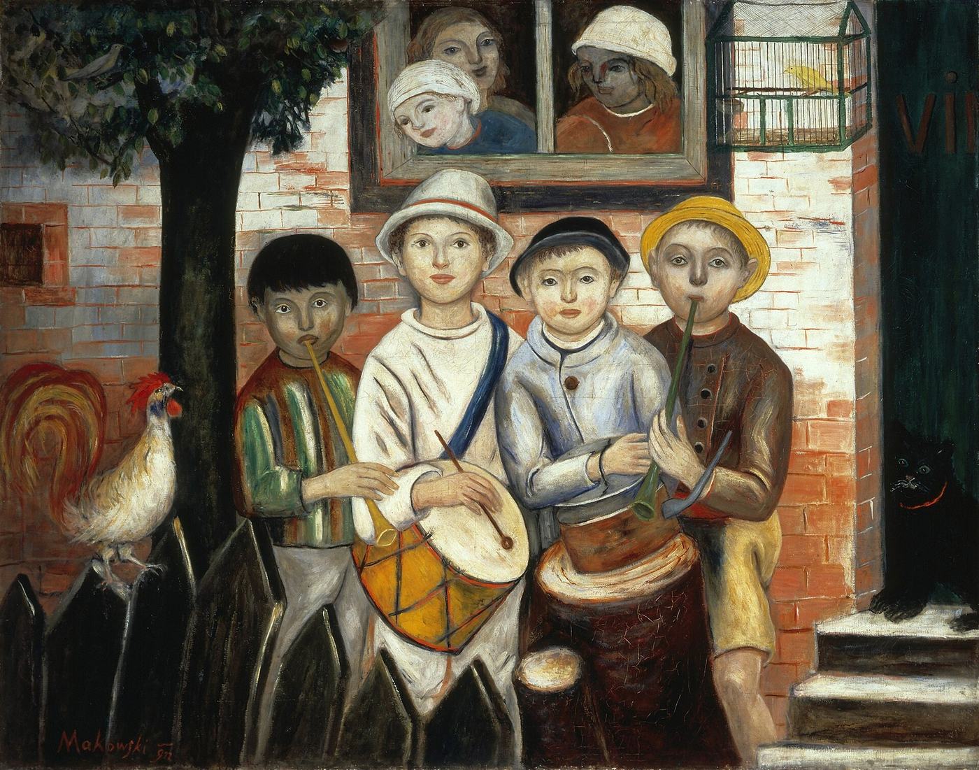 Tadeusz Makowski, Kapela dziecięca (1922) — dzieci z bębnami i piszczałkami, o kanciastych, lalkowych sylwetkach · źródło: Wikimedia Commons, domena publiczna