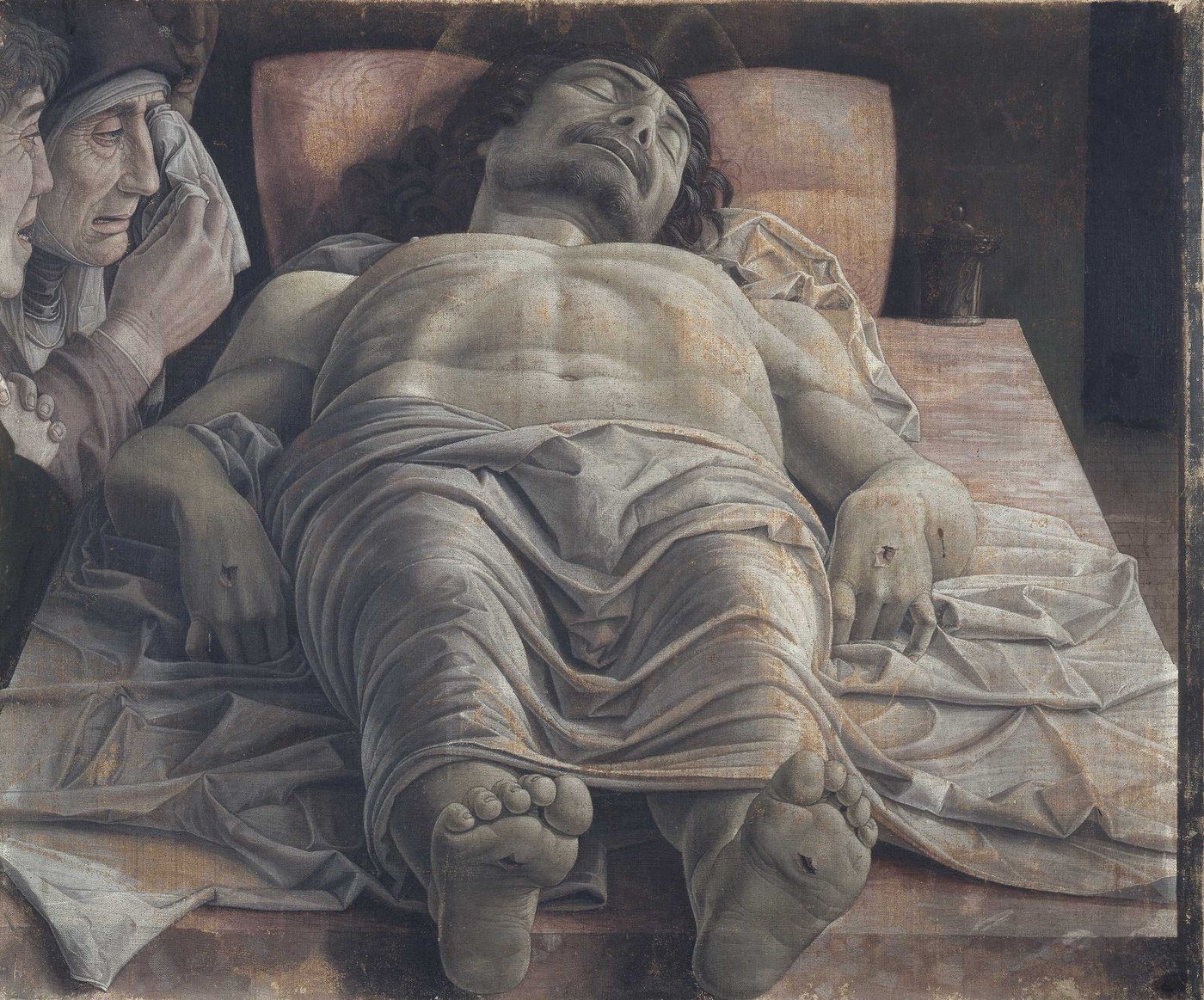 Mantegna, Martwy Chrystus (ok. 1480, Brera, Mediolan) — drastyczny skrót perspektywiczny (scorcio): ciało widziane od stóp; widz staje jakby przy marach · źródło: Wikimedia Commons, domena publiczna