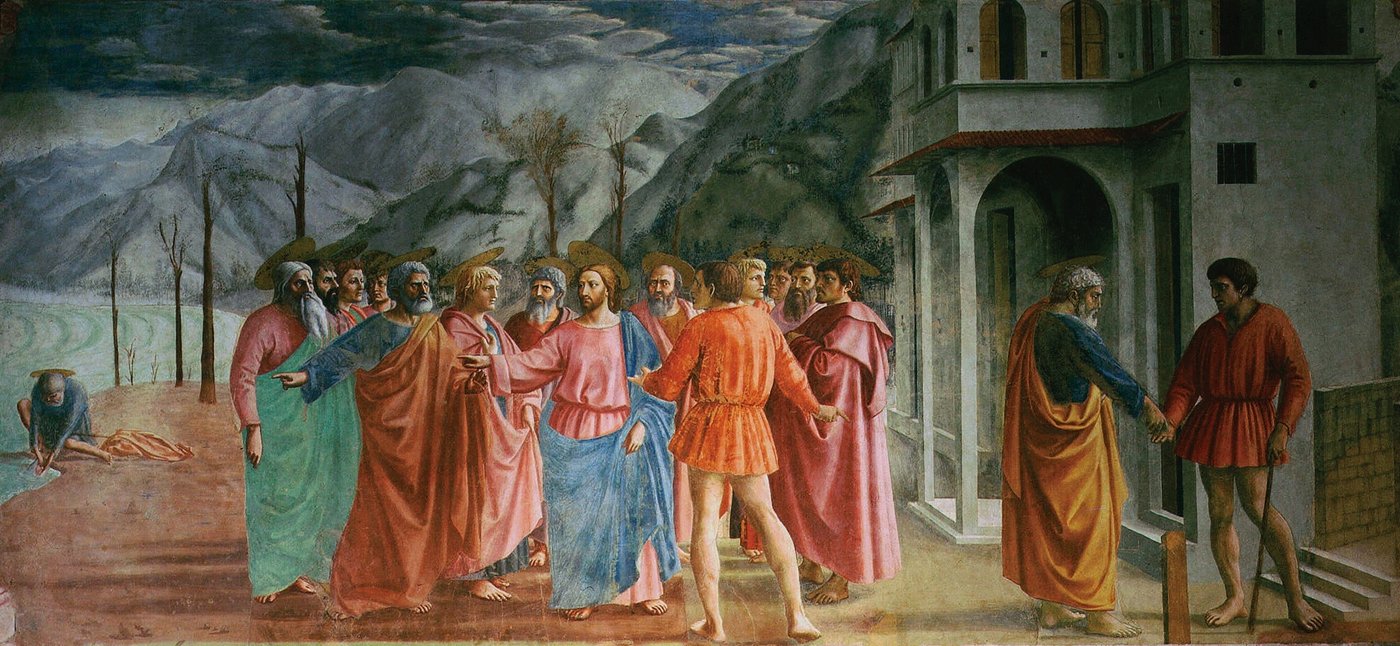 Masaccio, Grosz czynszowy (ok. 1425, Kaplica Brancaccich, Florencja) — modelunek światłocieniowy i ciężar figur; trzy momenty akcji w jednym obrazie · źródło: Wikimedia Commons, domena publiczna