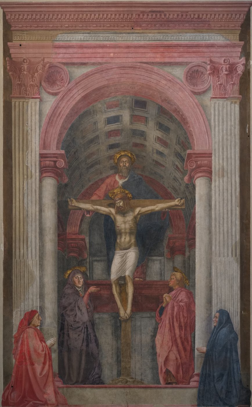 Masaccio, Trójca Święta (ok. 1427, Santa Maria Novella, Florencja) — perspektywa linearna z punktem zbiegu na wysokości oczu widza; iluzja niszy wykutej w ścianie · źródło: A. Kleiner, Wikimedia Commons, CC BY-SA 4.0