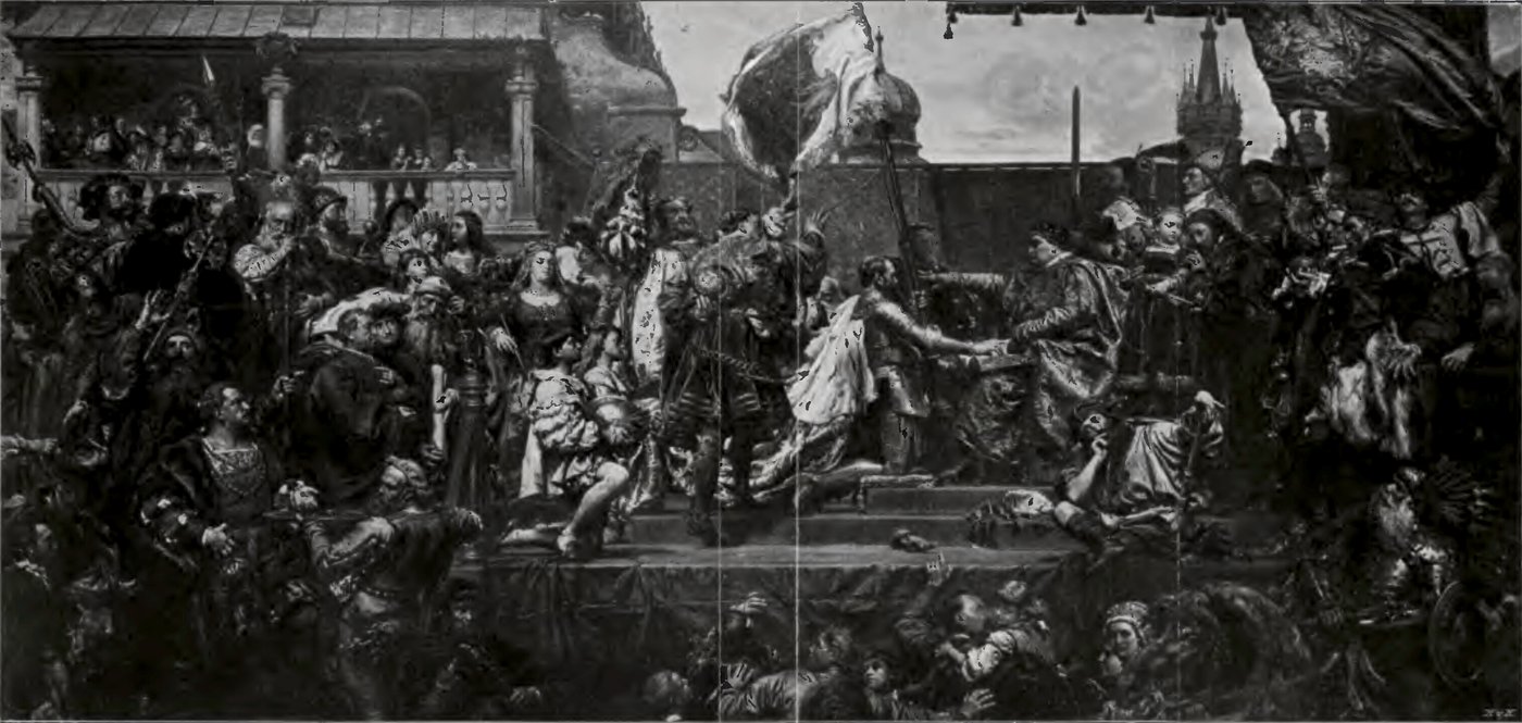 Jan Matejko, Hołd pruski (1882, Kraków) — Albrecht Hohenzollern składa hołd lenny Zygmuntowi Staremu (1525); pośredni komentarz polityczny w dobie zjednoczenia Niemiec · źródło: Wikimedia Commons, domena publiczna
