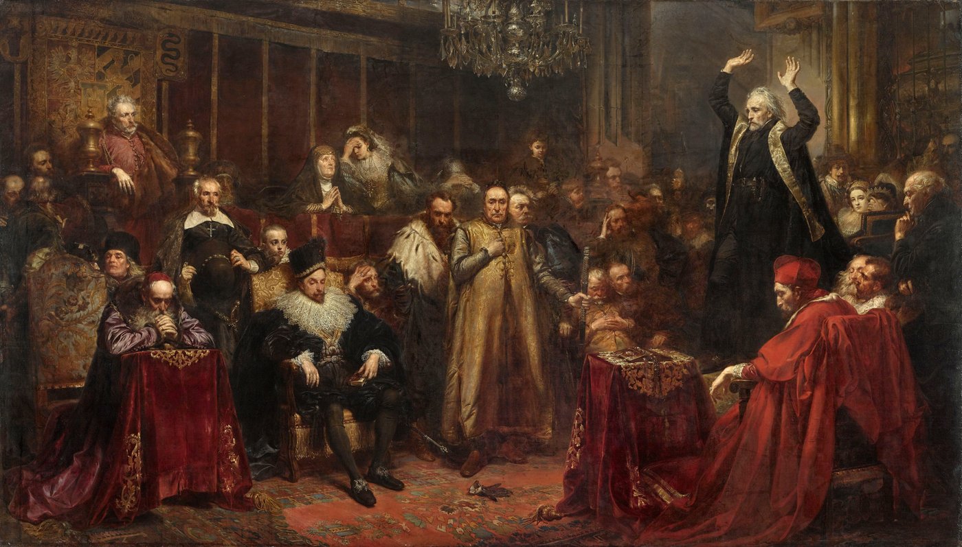 Jan Matejko, Kazanie Skargi (1864, Zamek Królewski w Warszawie) — Skarga przepowiada upadek Rzeczypospolitej; rozpoznawalne twarze magnaterii jako oskarżenie i przestroga · źródło: Wikimedia Commons, domena publiczna