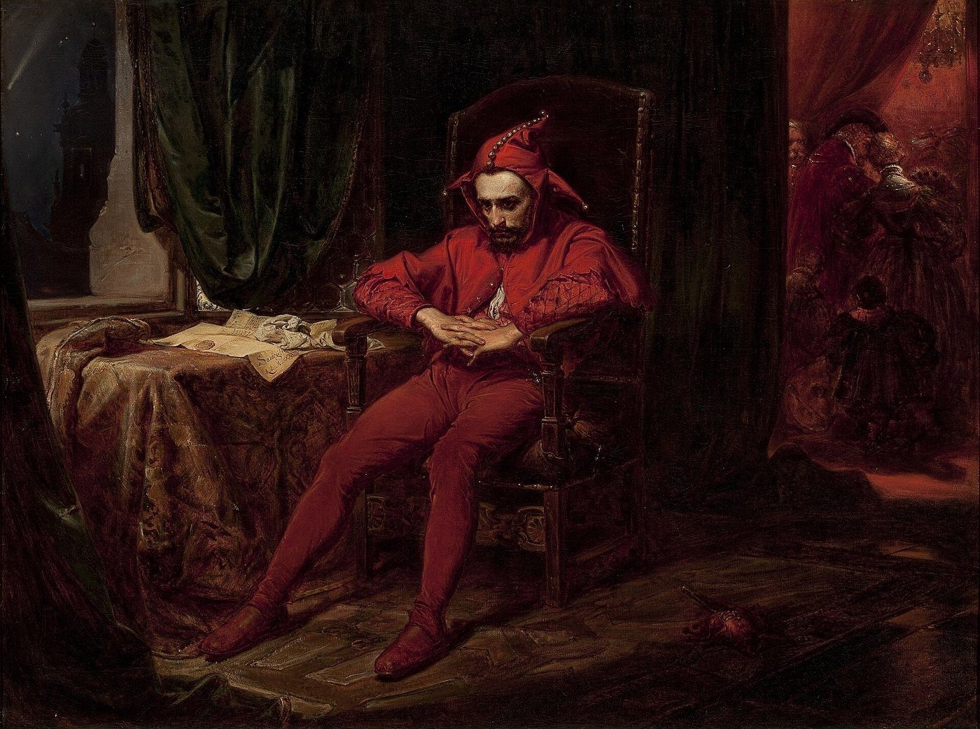 Jan Matejko, Stańczyk (1862, Muzeum Narodowe w Warszawie) — błazen samotny w ciemności na wieść o utracie Smoleńska; autoportret psychologiczny artysty rozumiejącego dziejową klęskę · źródło: Jan Matejko, Wikimedia Commons, domena publiczna