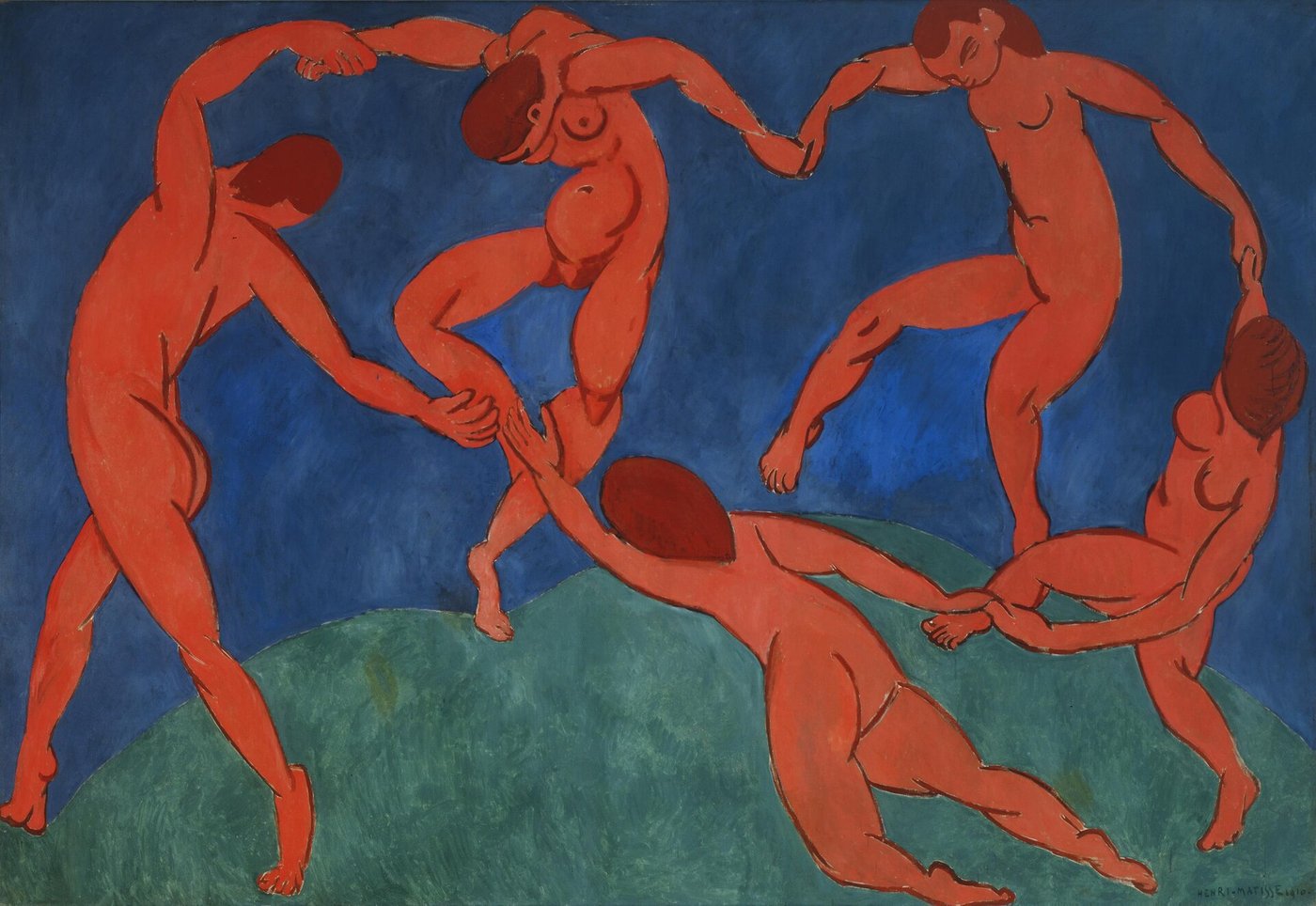 Henri Matisse, Taniec (La Danse) (1910, Ermitaż) — pięć czerwonych ciał na błękicie i zieleni; maksymalny kontrast barw, brak perspektywy, przerwany krąg tańca · źródło: Henri Matisse, Wikimedia Commons, domena publiczna