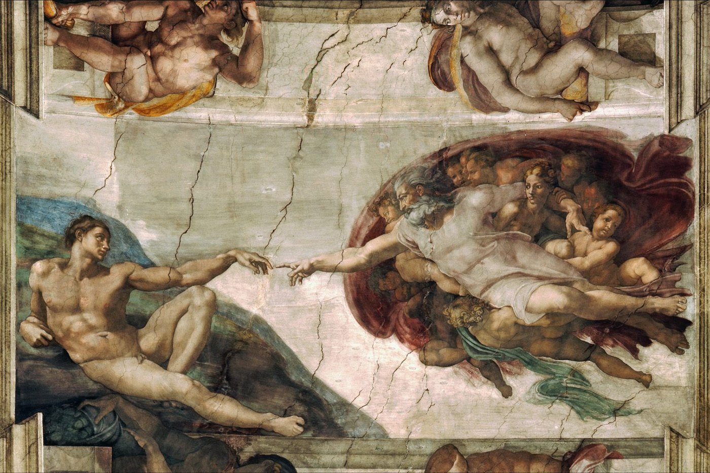 Michał Anioł, Stworzenie Adama (1508–12, Kaplica Sykstyńska) — palce Boga i Adama prawie się stykają: wieczne napięcie przed przekazaniem iskry życia · źródło: Wikimedia Commons, domena publiczna