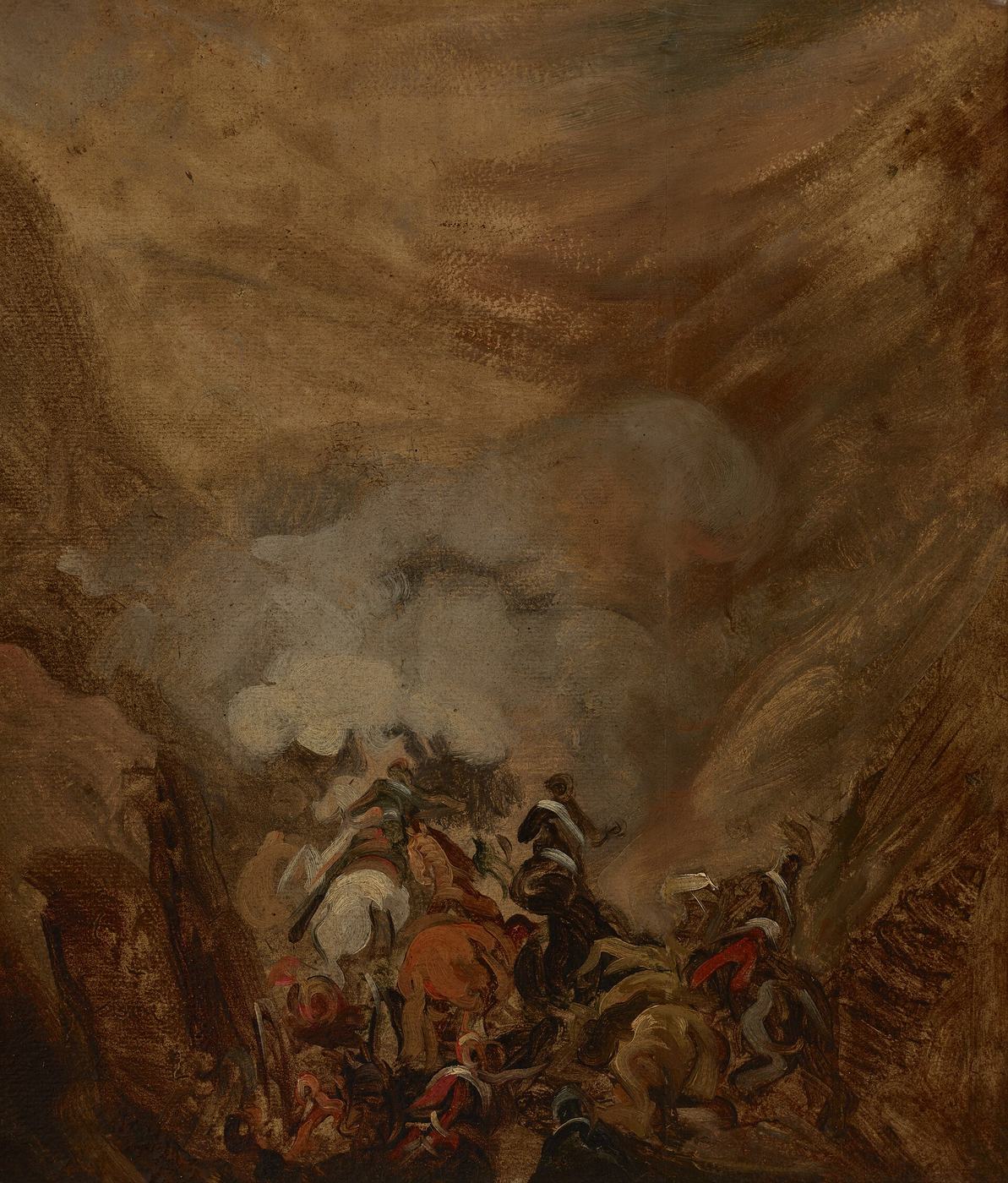 Piotr Michałowski, Somosierra (ok. 1837, Muzeum Narodowe w Krakowie) — szarża w wąwozie namalowana szerokimi, szkicowymi pociągnięciami; jeźdźcy toną w dymie · źródło: Muzeum Narodowe w Krakowie, Wikimedia Commons, domena publiczna