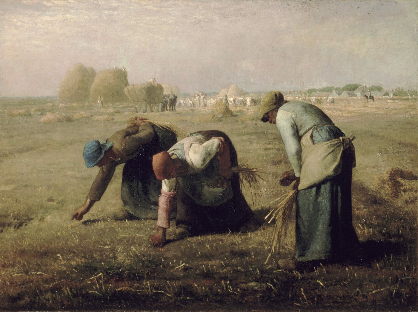 Millet, Zbieraczki kłosów (1857, Orsay) — trzy chłopki przy żmudnym zbieraniu kłosów jako bohaterki epickie; godność pracy bez idealizacji · źródło: Wikimedia Commons, domena publiczna