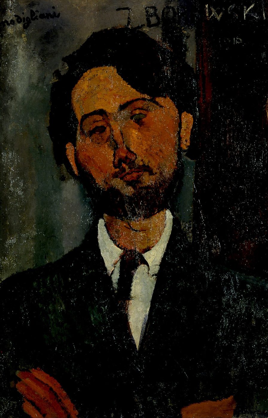 Amedeo Modigliani, Portret Leopolda Zborowskiego (1916) — wydłużona twarz, oczy w kształcie migdałów; Zborowski, polski poeta, był marszandem Modiglianiego · źródło: Google Art Project, Wikimedia Commons, domena publiczna