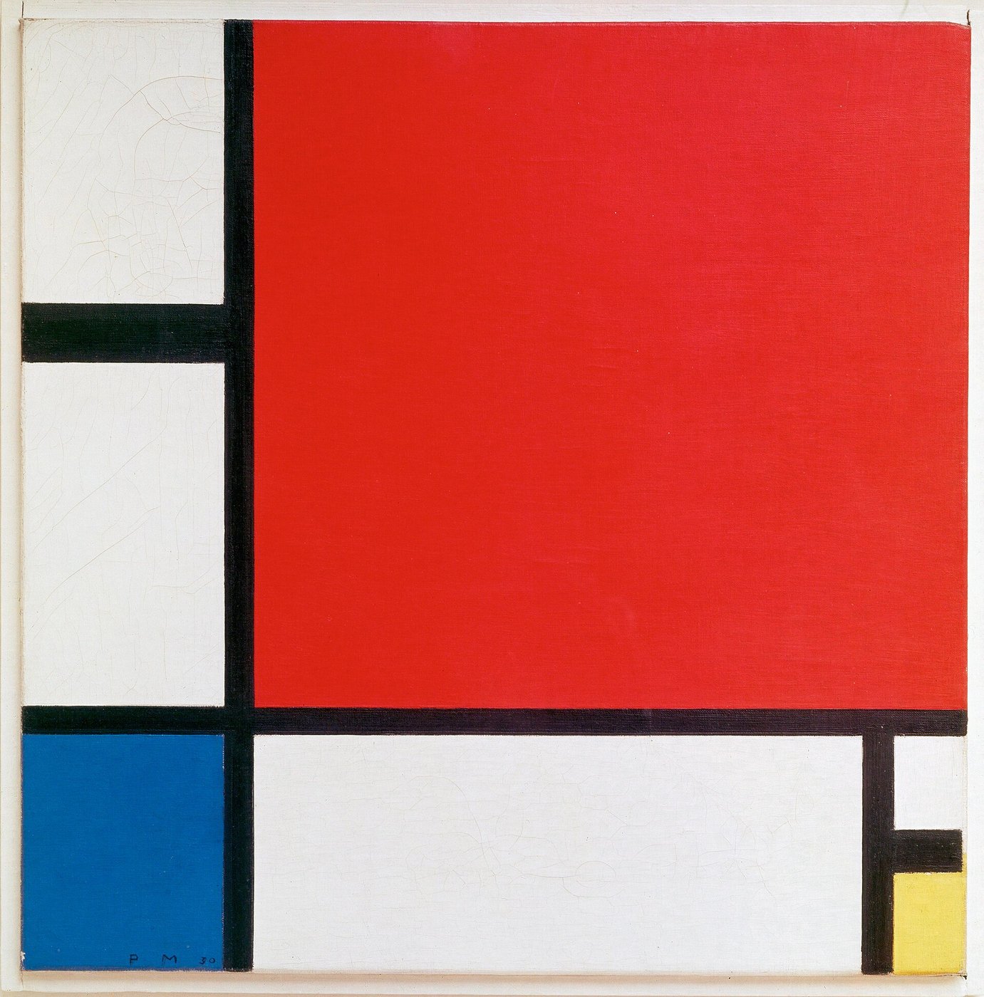 Piet Mondrian, Kompozycja II z czerwienią, błękitem i żółcią (1930, Kunsthaus Zürich) — siatka czarnych linii, tylko barwy podstawowe; neoplastycyzm i dynamiczna równowaga · źródło: Piet Mondrian, Wikimedia Commons, domena publiczna