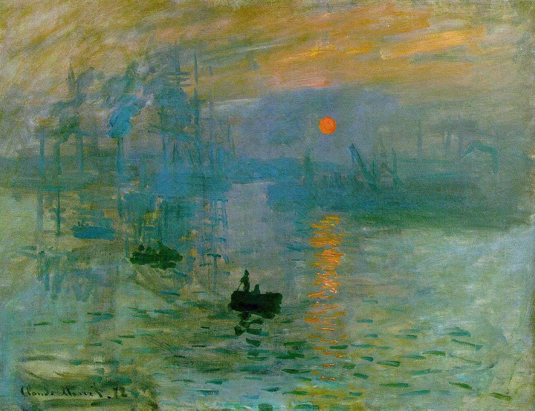 Claude Monet, Impresja, wschód słońca (1872, Musée Marmottan) — mglisty port Le Havre o świcie; od tytułu tego obrazu krytyk Louis Leroy ukuł kpiącą nazwę „impresjoniści" · źródło: Claude Monet, Wikimedia Commons, domena publiczna