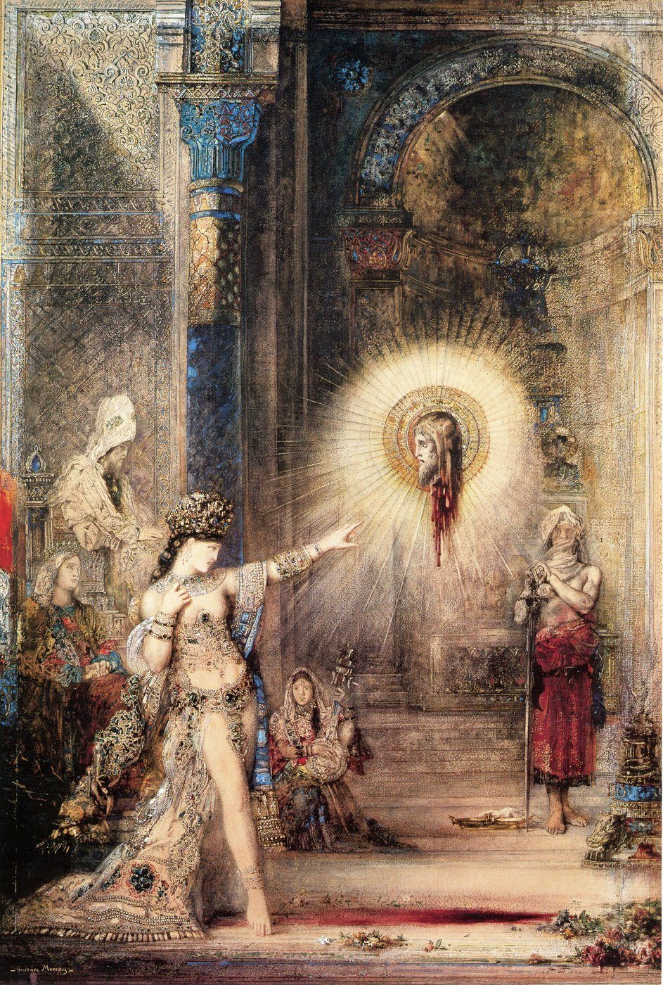 Gustave Moreau, Zjawa (Salome) (ok. 1876, Musée d'Orsay) — femme fatale w obsesyjnej dekoracyjności; głowa Jana Chrzciciela jako zjawa, Biblia jako pretekst symbolu · źródło: Gustave Moreau, Wikimedia Commons, domena publiczna