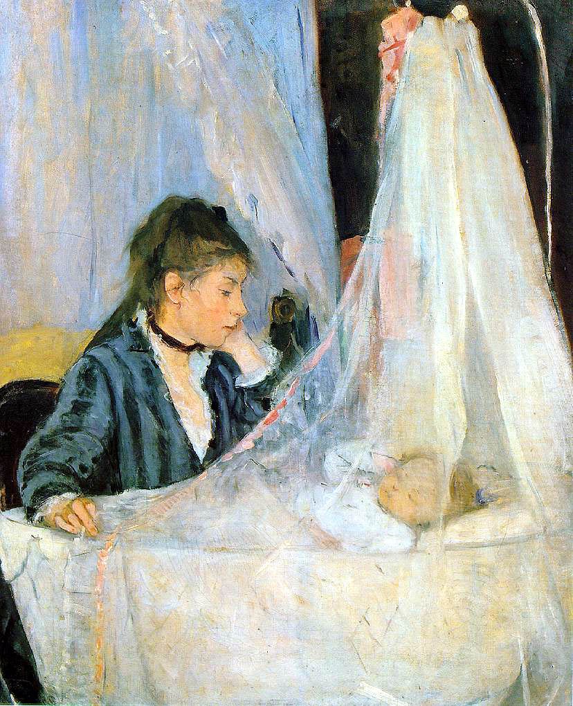 Berthe Morisot, Kołyska (1872, Musée d'Orsay) — intymna scena macierzyństwa w jasnej tonacji; impresjonizm z perspektywy kobiety, której zamknięto dostęp do kawiarń i kulis · źródło: Berthe Morisot, Wikimedia Commons, domena publiczna