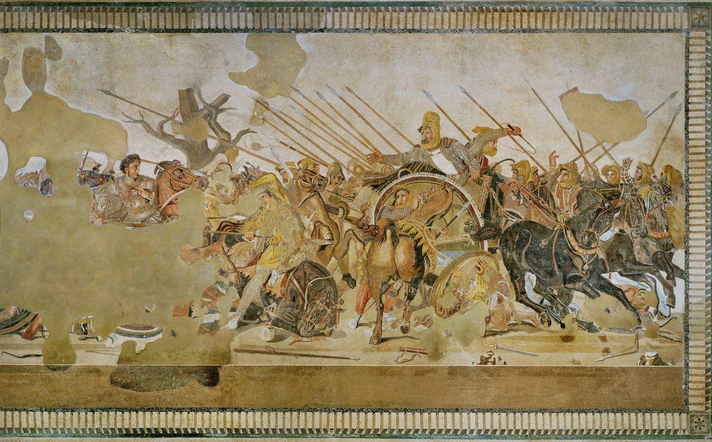 Mozaika Aleksandra (Bitwa pod Issos, Dom Fauna w Pompejach; kopia hellenistyczna, Neapol) — Aleksander naciera na Dariusza; setki tesser, głębia i dramatyzm · źródło: Wikimedia Commons, domena publiczna
