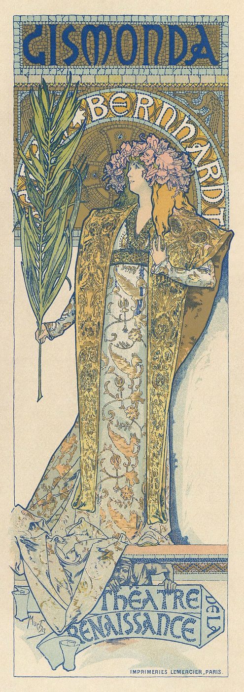 Alfons Mucha, plakat Gismonda (1894–1895) dla Sarah Bernhardt — wąski, wysoki format, wydłużona postać w bogatym stroju, za głową ornament jak aureola · źródło: Gallica (rekonstrukcja cyfrowa: Adam Cuerden), Wikimedia Commons, domena publiczna