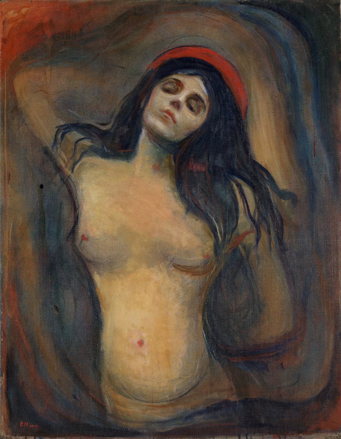 Edvard Munch, Madonna (1894–95, Nasjonalmuseet) — naga kobieta z czerwoną aureolą, sacrum i seksualność złączone bez złota Klimta, za to z chłodem biologii · źródło: Edvard Munch, Wikimedia Commons, domena publiczna