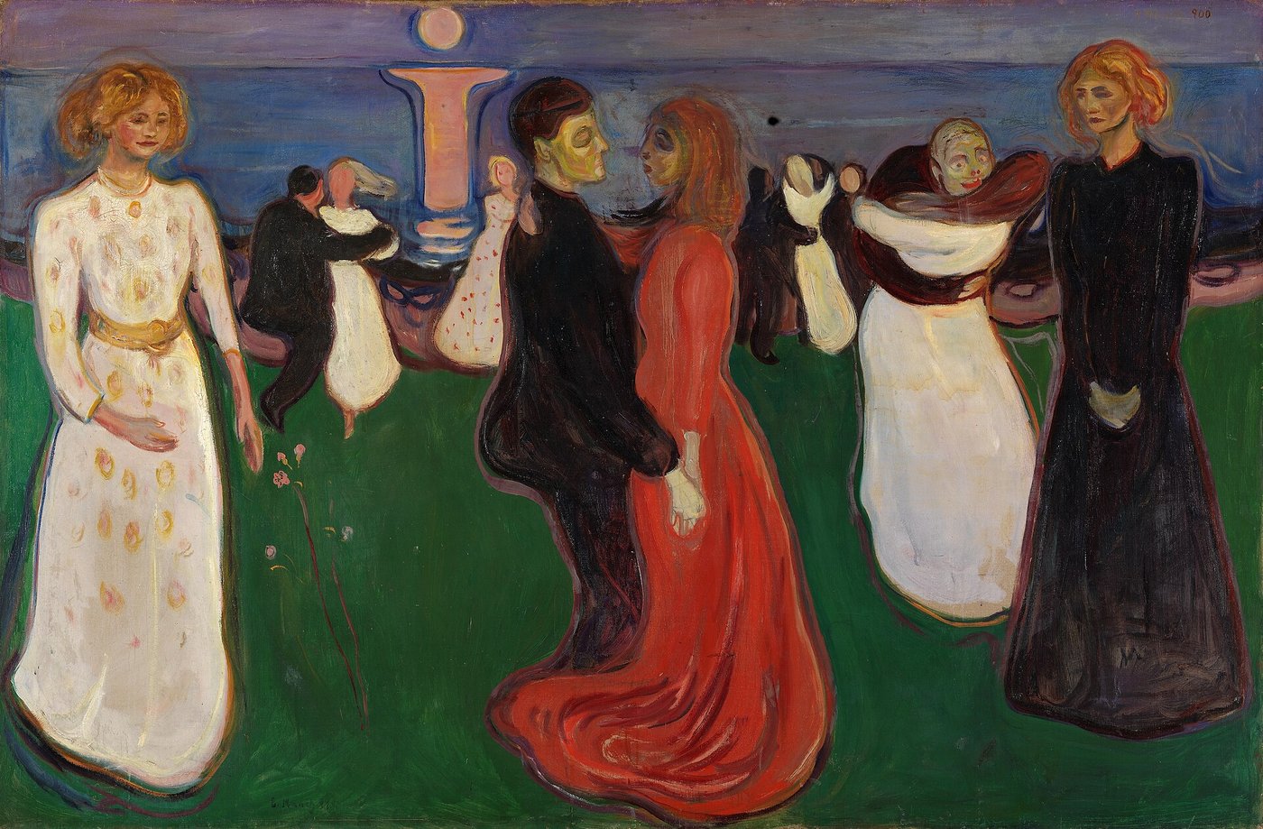 Edvard Munch, Taniec życia (1899–1900, Nasjonalmuseet) — trzy kobiety (biel-niewinność, czerwień-dojrzałość, czerń-śmierć) i para tańcząca; alegoria cyklu życia · źródło: Edvard Munch, Wikimedia Commons, domena publiczna