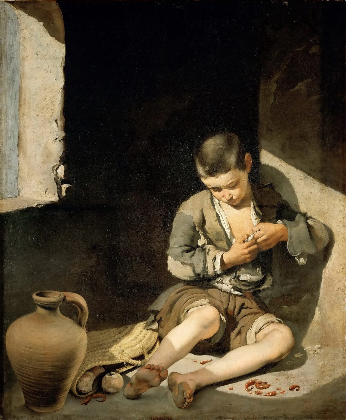 Bartolomé Esteban Murillo, Mały żebrak (ok. 1645–1650, Luwr) — chłopiec w podartym ubraniu siedzi w smudze światła z okna, obok dzban, koszyk i resztki jedzenia · źródło: Wikimedia Commons, domena publiczna