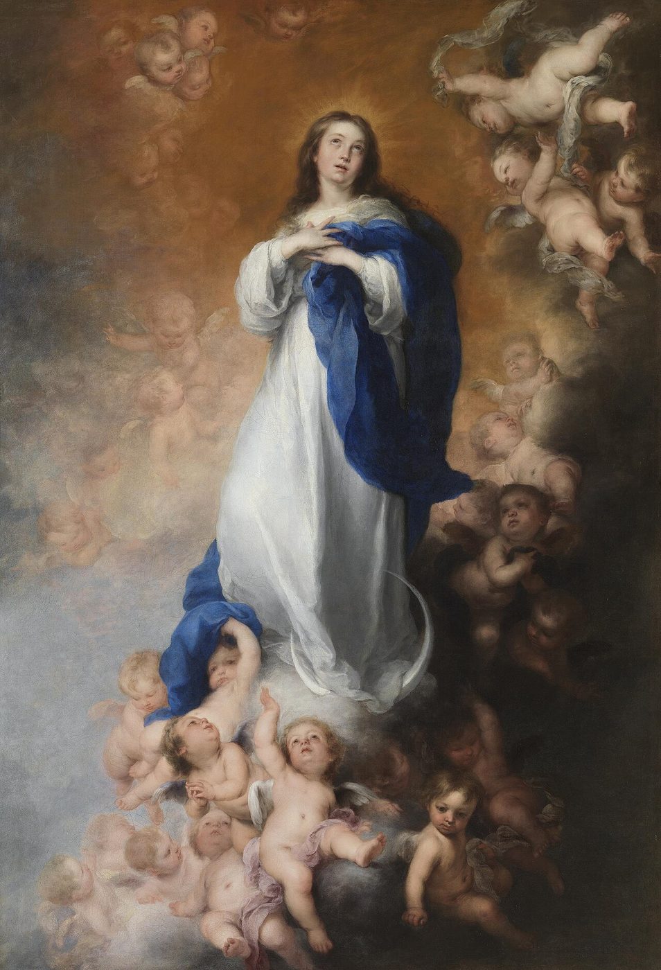 Bartolomé Esteban Murillo, Niepokalane Poczęcie zwane Soult (ok. 1678, Prado) — Maryja w bieli i błękicie unosi się na obłokach wśród aniołków; światło przechodzi miękko, bez ostrych kontrastów · źródło: Wikimedia Commons, domena publiczna
