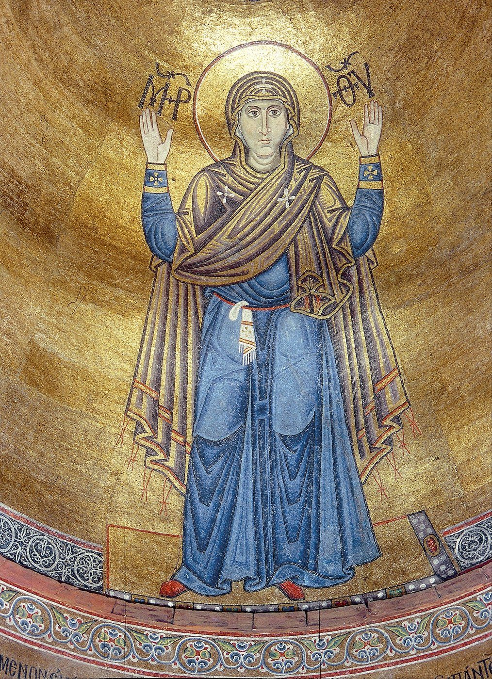 Bogurodzica-Oranta — mozaika apsydy Soboru Mądrości Bożej w Kijowie (ok. 1037); monumentalna Maria z rozłożonymi ramionami na złotym tle, „Niezniszczalny Mur" miasta · źródło: Wikimedia Commons, domena publiczna