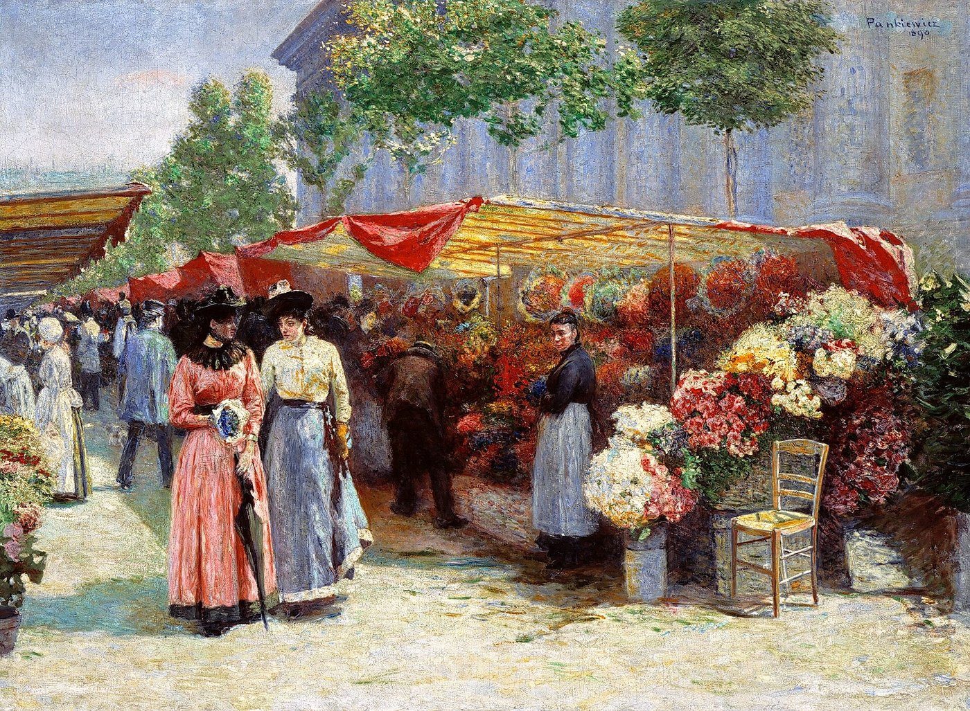 Józef Pankiewicz, Targ na kwiaty przed kościołem św. Magdaleny w Paryżu (1890, Muzeum Narodowe w Poznaniu) — słoneczna scena dzienna przy straganach z kwiatami; jasna paleta i rozedrgane światło impresjonizmu · źródło: Józef Pankiewicz, Wikimedia Commons, domena publiczna