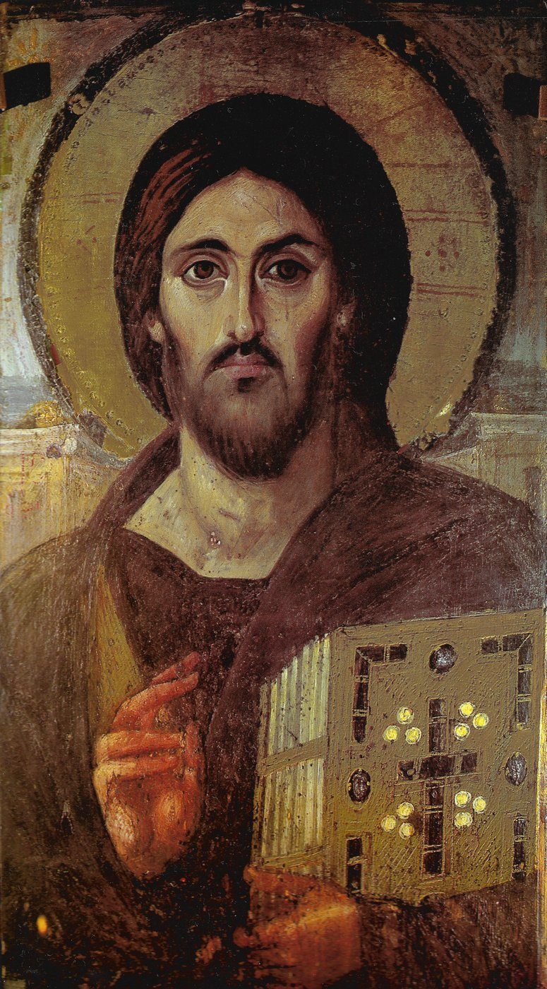 Chrystus Pantokrator z Synaju (VI w., klasztor św. Katarzyny) — najstarsza zachowana ikona w technice enkaustycznej; asymetria twarzy łączy boskość i człowieczeństwo · źródło: Wikimedia Commons, domena publiczna