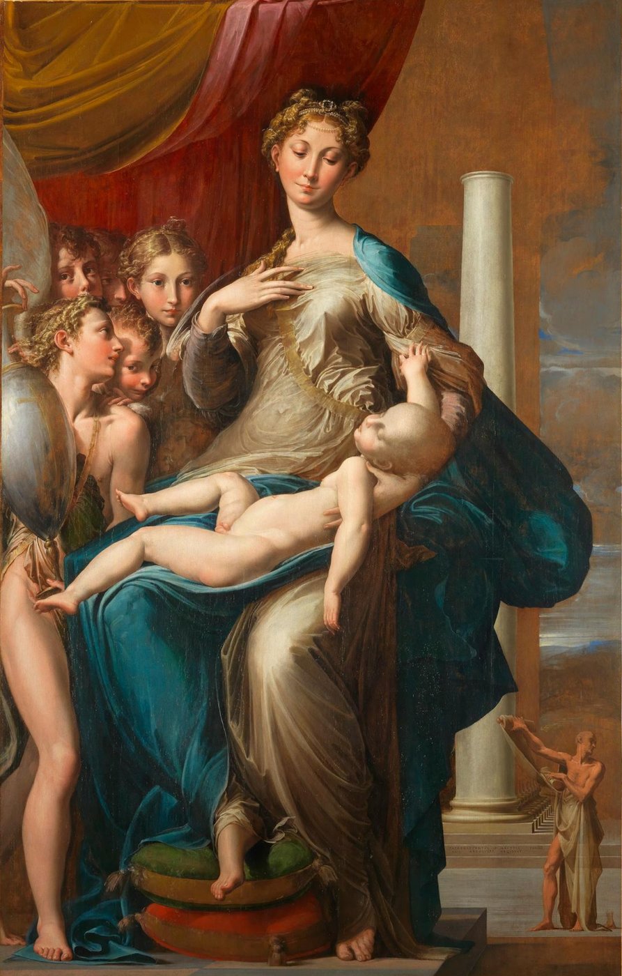 Parmigianino, Madonna z długą szyją (ok. 1535, Uffizi) — wydłużona szyja i palce, spiralna kompozycja, irracjonalna przestrzeń; manierystyczna dekonstrukcja harmonii · źródło: Wikimedia Commons, domena publiczna