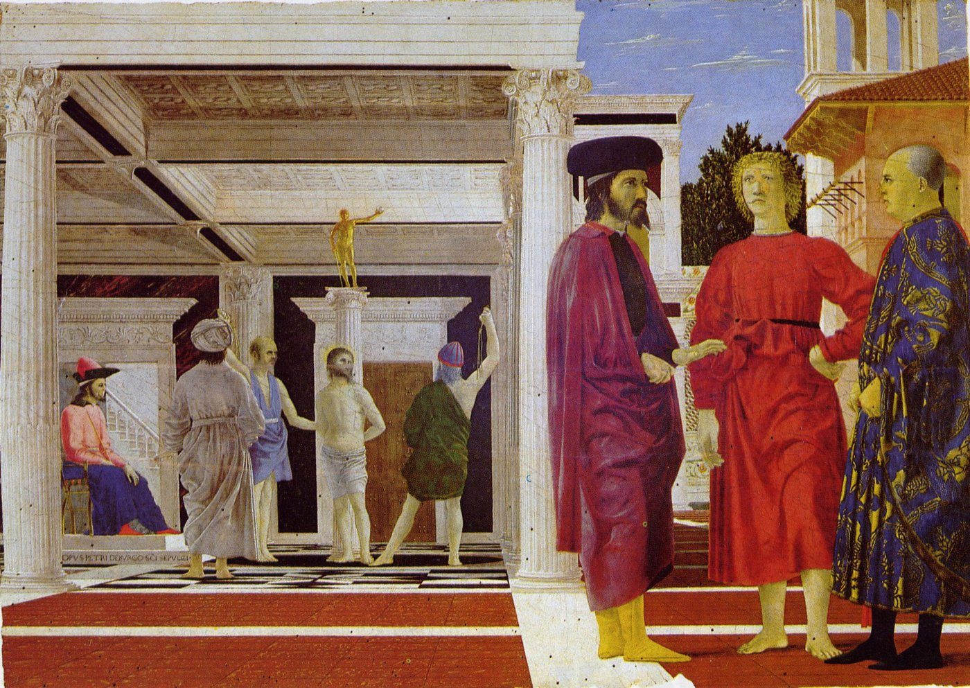 Piero della Francesca, Biczowanie Chrystusa (ok. 1459, Urbino) — perspektywa obliczona co do milimetra; geometryczna czystość i nierozwiązana zagadka ikonograficzna · źródło: Wikimedia Commons, domena publiczna