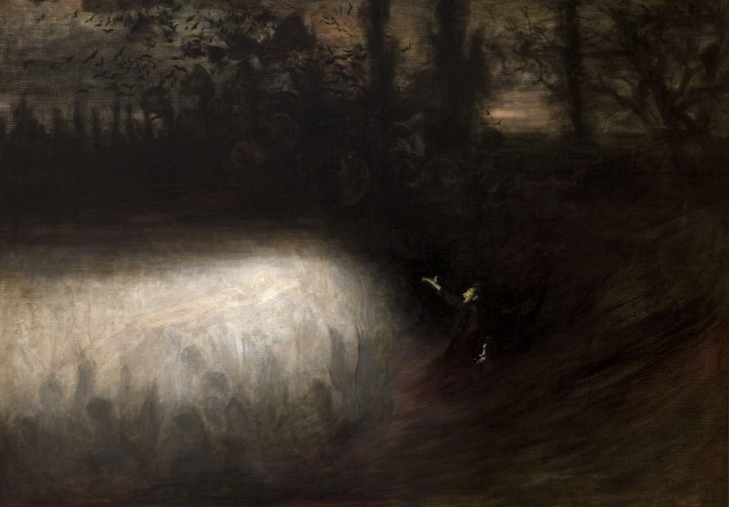 Władysław Podkowiński, Marsz żałobny (1894, Muzeum Narodowe w Krakowie) — ponura scena nocna; technika impresjonistyczna w służbie polskiego, żałobnego tematu · źródło: Władysław Podkowiński, Wikimedia Commons, domena publiczna
