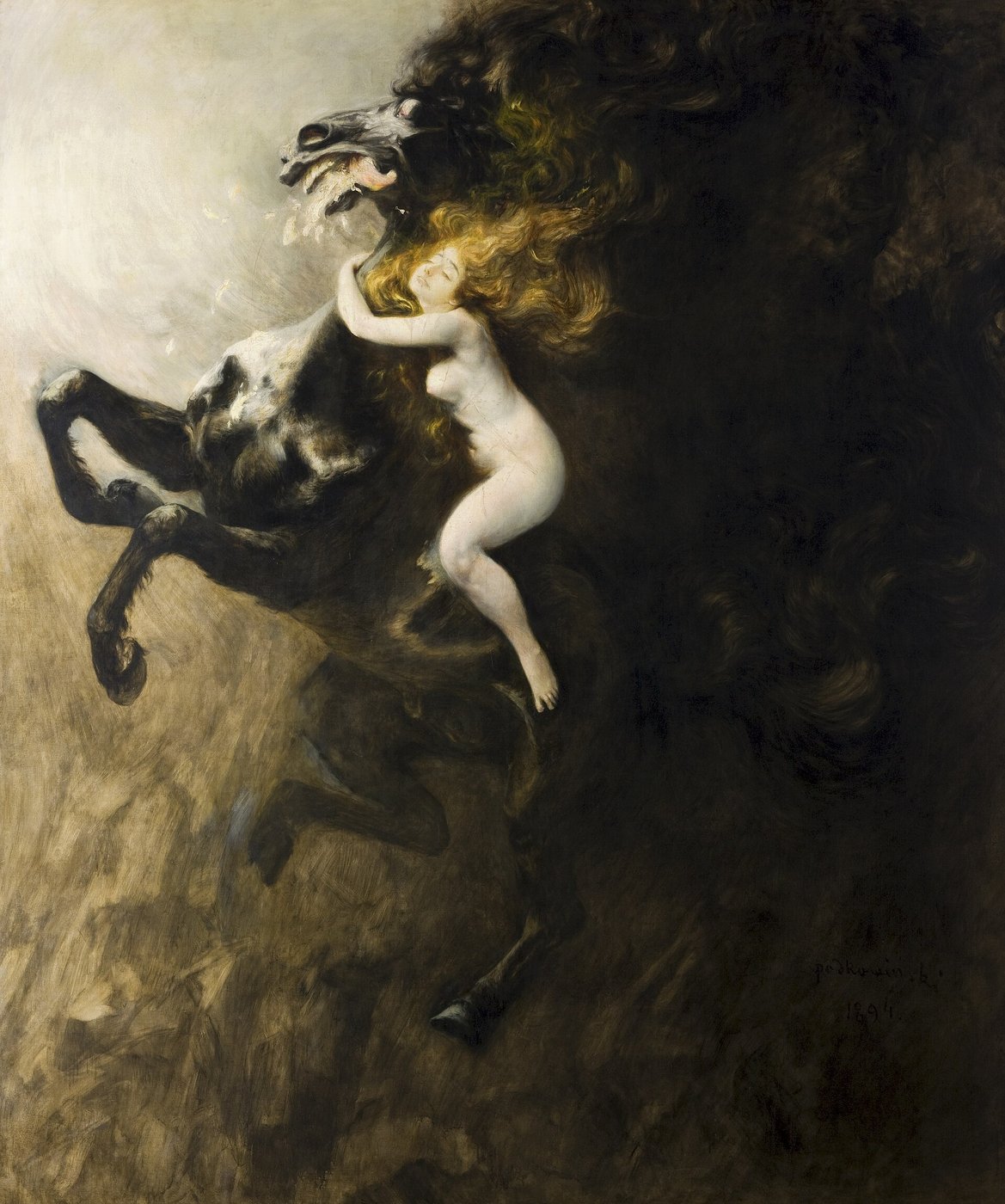 Władysław Podkowiński, Szał uniesień (1894, Muzeum Narodowe w Krakowie) — nagie ciało na rozszalałym koniu; impresjonistyczna paleta w służbie symbolistycznego fantazmatu · źródło: Władysław Podkowiński, Wikimedia Commons, domena publiczna