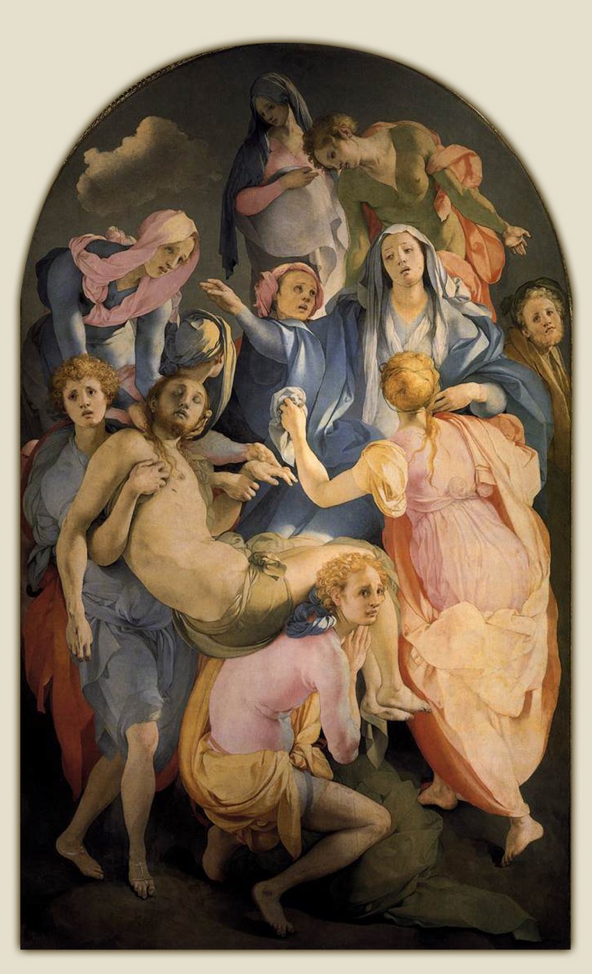 Pontormo, Złożenie do grobu (ok. 1528, Santa Felicita, Florencja) — chłodne, nierealistyczne kolory (zieleń, lawenda, fiolet) i ważące się postacie; manierystyczny niepokój · źródło: Wikimedia Commons, domena publiczna