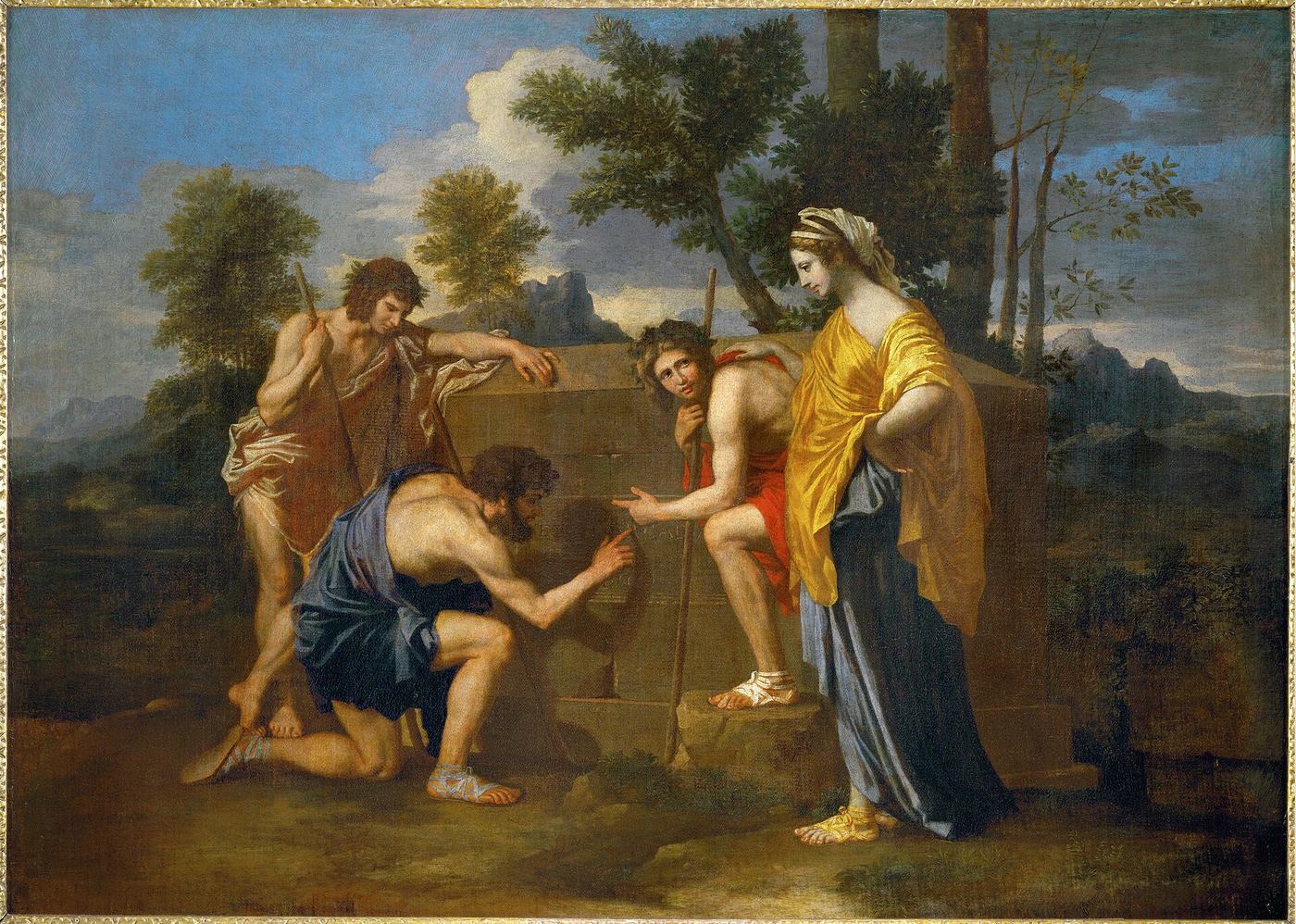 Nicolas Poussin, Et in Arcadia ego (ok. 1638, Luwr) — pasterze przy kamiennym grobowcu; jeden klęczy i palcem odczytuje napis, kobieta w żółtym płaszczu przygląda się spokojnie · źródło: Wikimedia Commons, domena publiczna