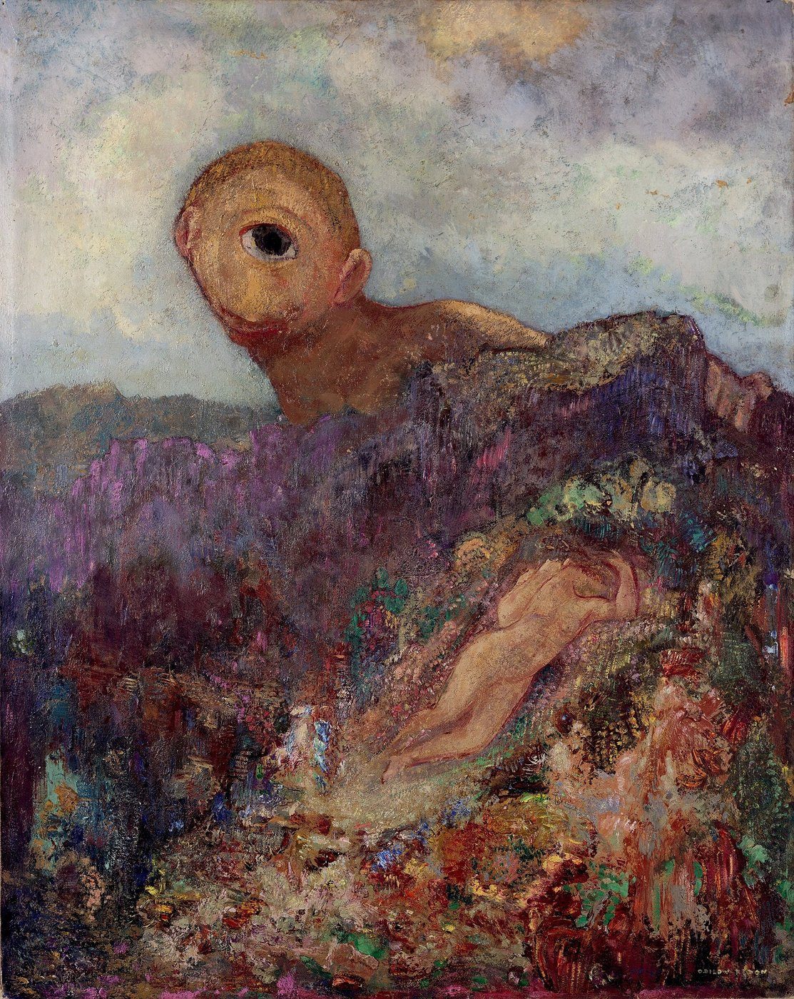 Odilon Redon, Cyklop (ok. 1914, Kröller-Müller Museum) — potwór z jednym okiem wpatrzony z dziwną czułością w śpiącą nimfę; świat na granicy snu i mitu · źródło: Odilon Redon, Wikimedia Commons, domena publiczna